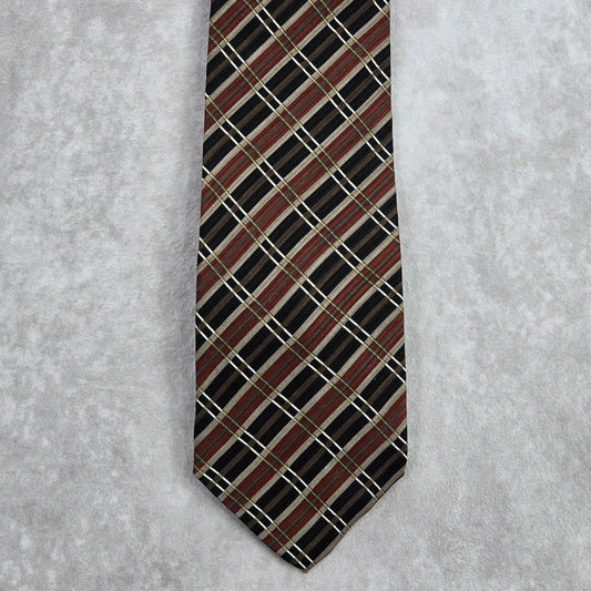 Croft & Barrow Brown Black Striped Plaid Tartan Geometric Silk Neck Tie Men's