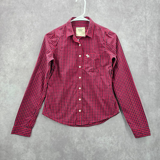 Abercrombie & Fitch Red Blue Plaid Tartan Button Down Long Sleeve Shirt Top XS