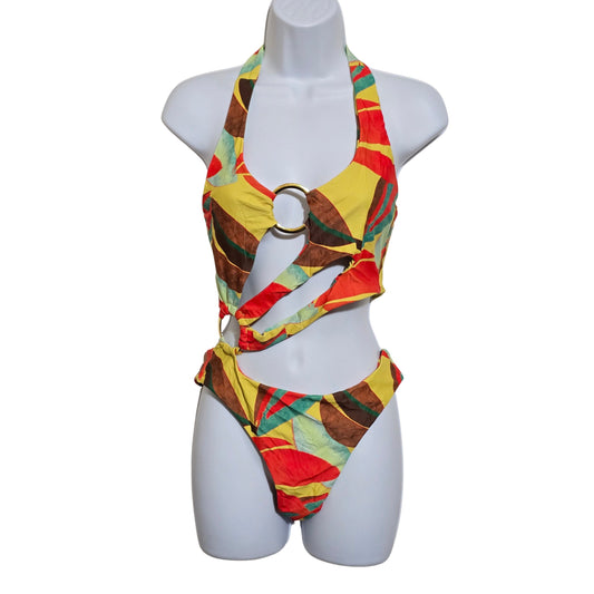 Colorful One Piece Cutout Y2K 90s Halter Swimsuit Beach Resort Vacation Small