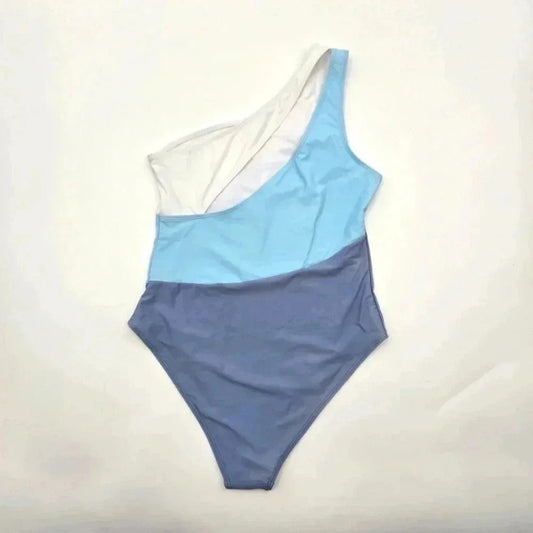 Shein One Shoulder Blue White One Piece Swimsuits Bathing Suit Medium