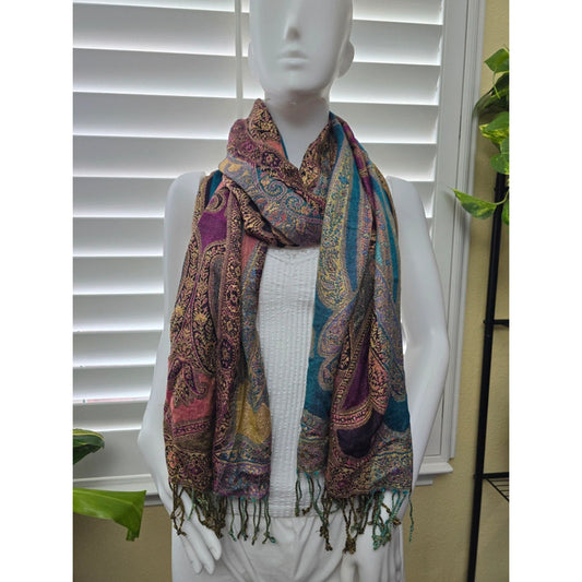 Multicolor Paisley Floral Fringe Sparkly Y2K Whimsy Paisley Cottage Scarf OSFM
