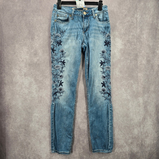129. Seven7 Blue Embroidered Floral Straight Tapered Denim Pants Jeans 6