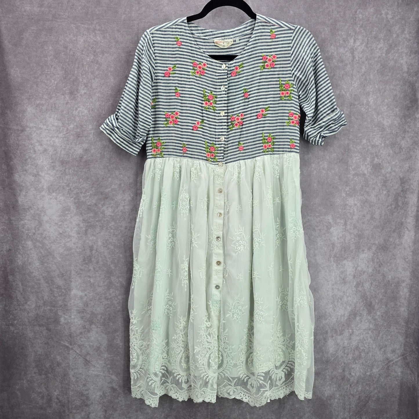 Bombay Paisley Blue Striped Lace Knee Length Button Down Dress Size XS