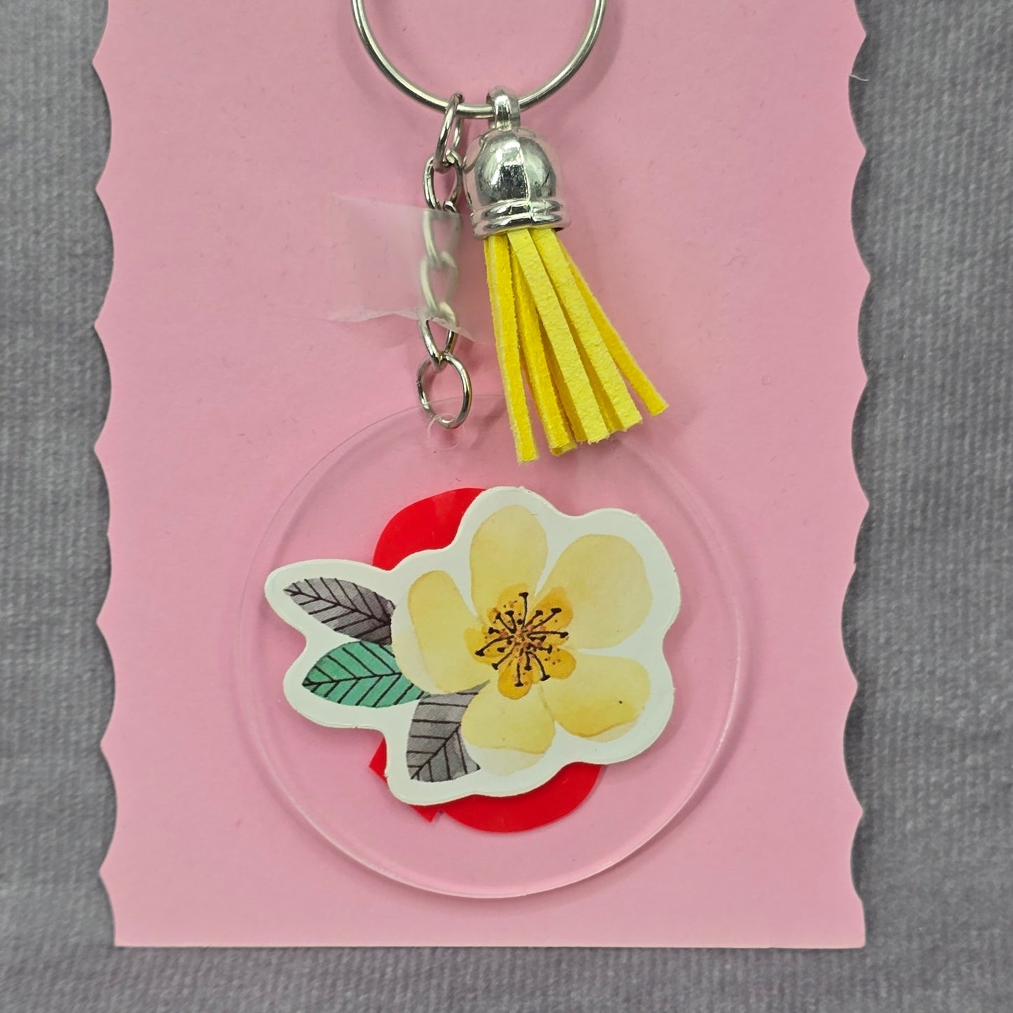 Letter Keychain Clear Silver Circle Handmade Acrylic Tassel Flower Q Yellow