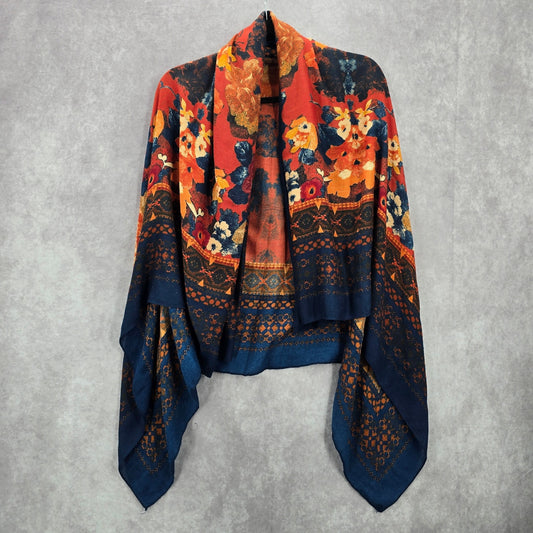 H&M Blue Orange Floral Square XL Wrap Hijab Dupatta Shawl Scarves Scarf