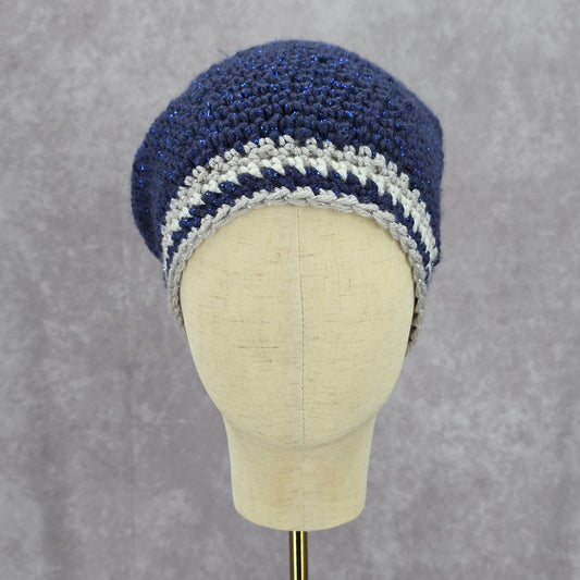 Navy Blue White Cable Pom Pom Bucket Knit Vintage Y2k Funky Beanie Crochet Hats