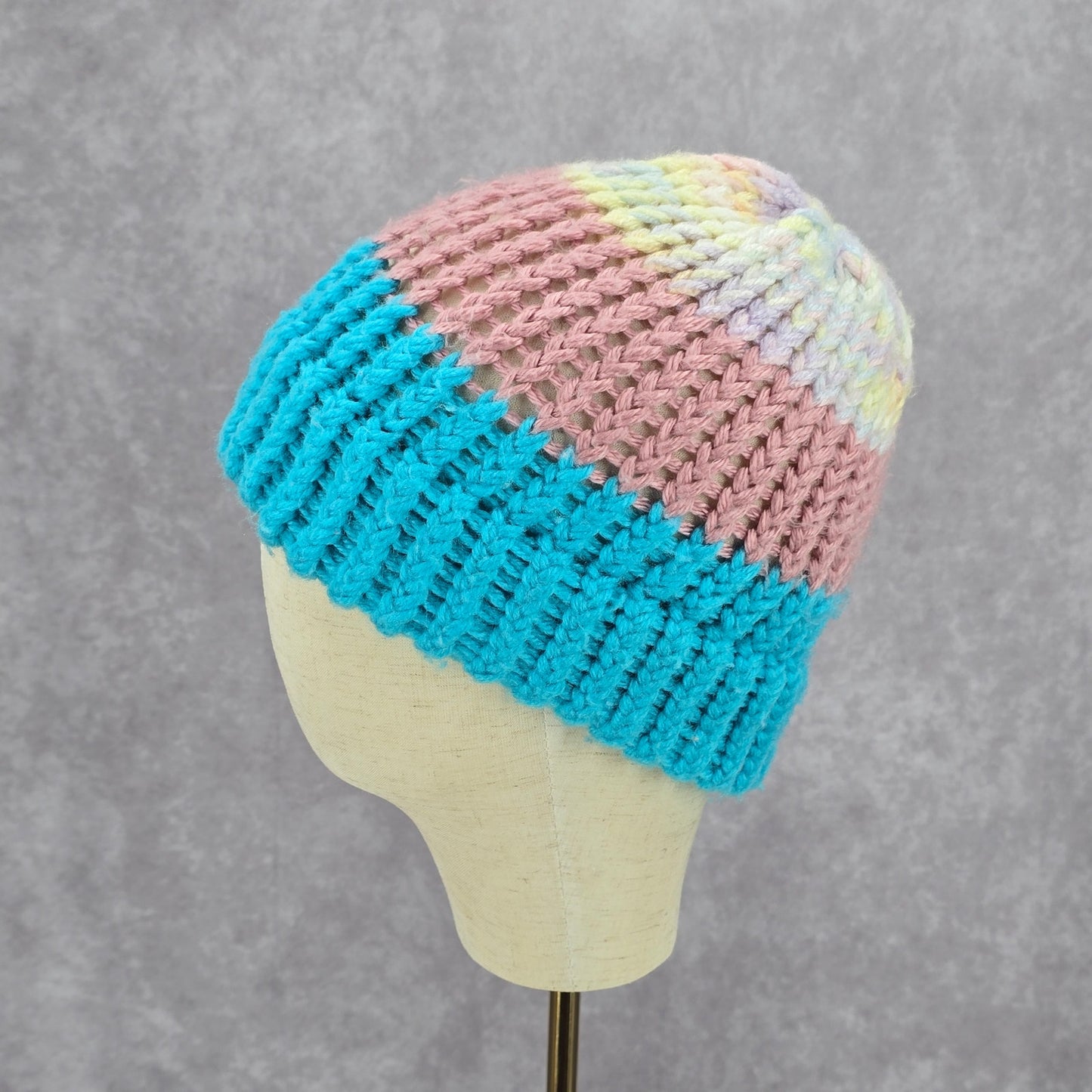 Blue Pink Crochet Knit Bucket Cap Hat Fun Vintage Y2K Funky Beanie
