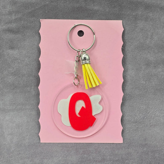 Letter Keychain Clear Silver Circle Handmade Acrylic Tassel Flower Q Yellow