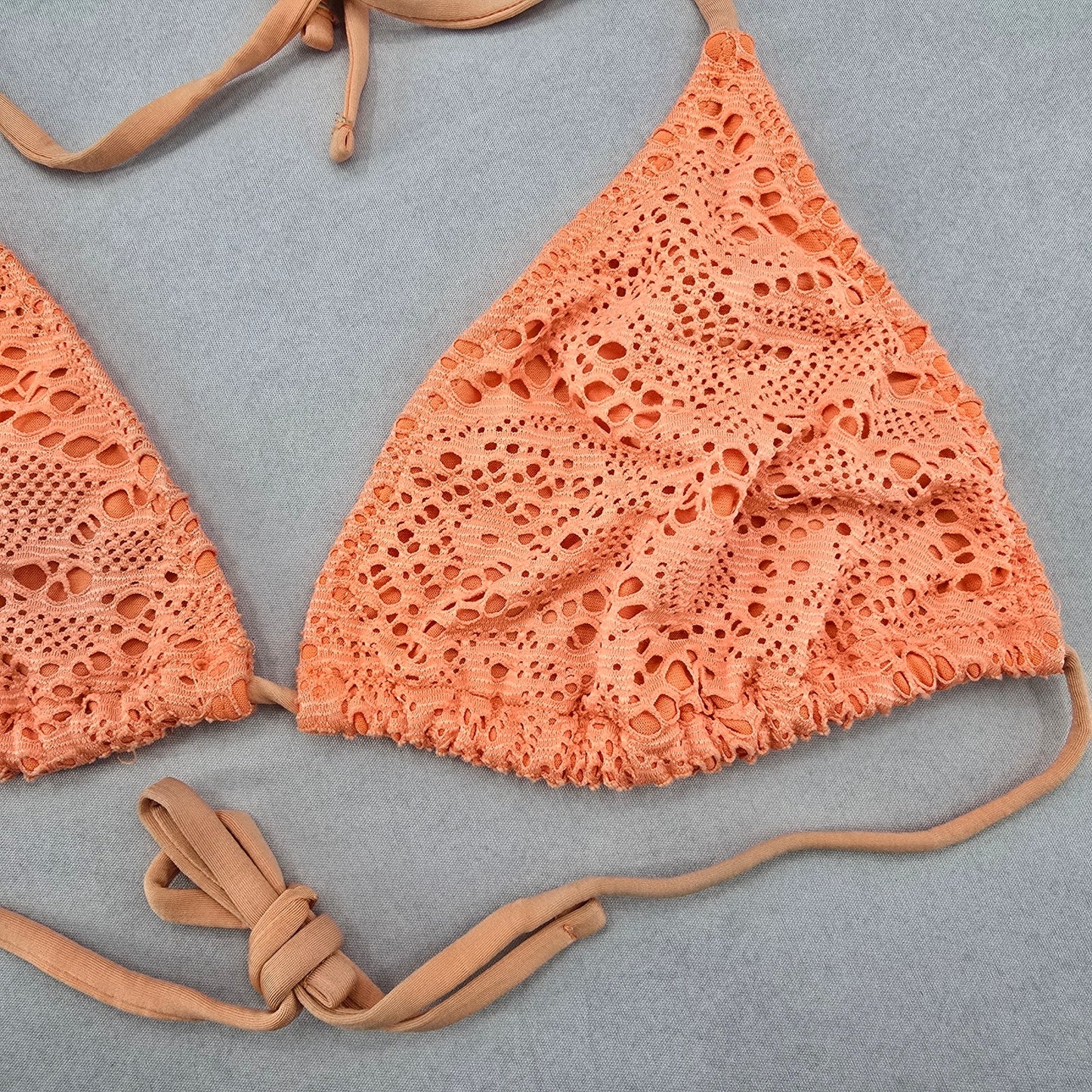 Orange Lace Crochet Eyelet Tie Sports Bra Bikini Bralette Swim Top S Small