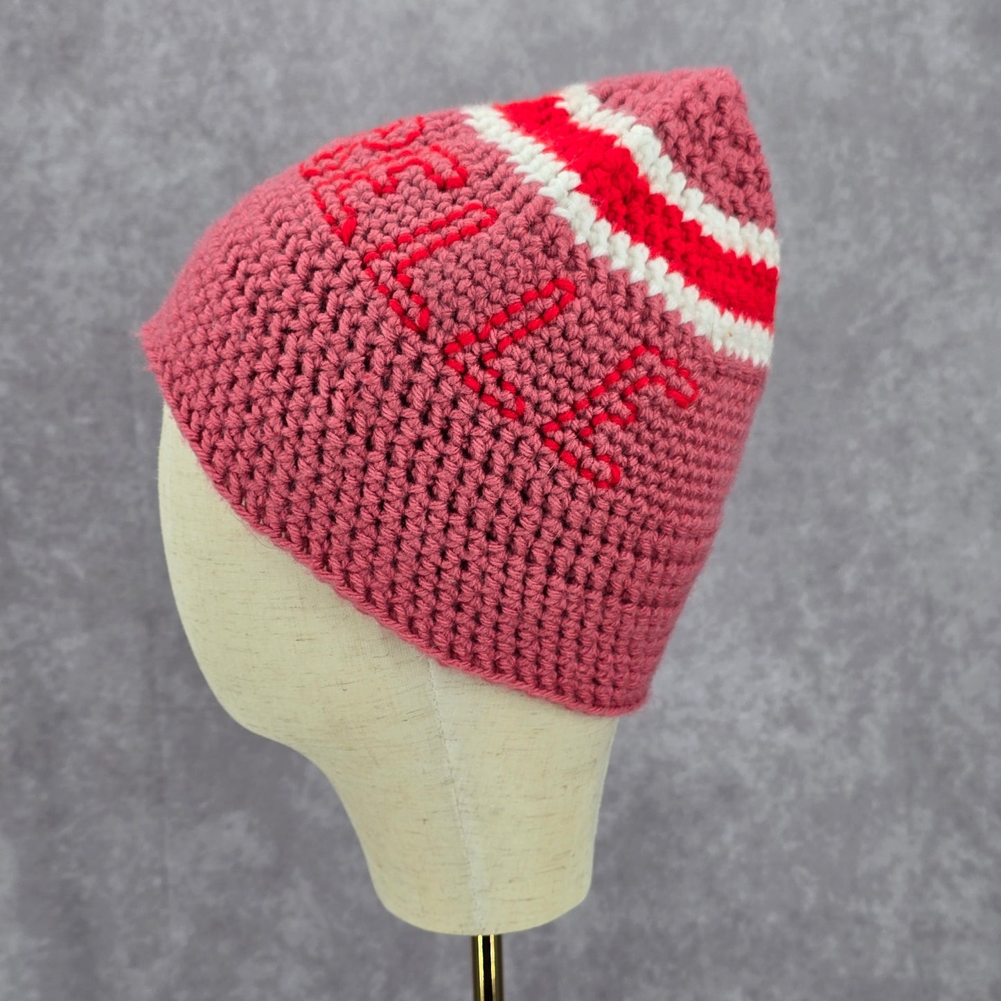 Pink Red Annabelle Crochet Knit Bucket Cap Hat Fun VTG Y2K Funky Beanie