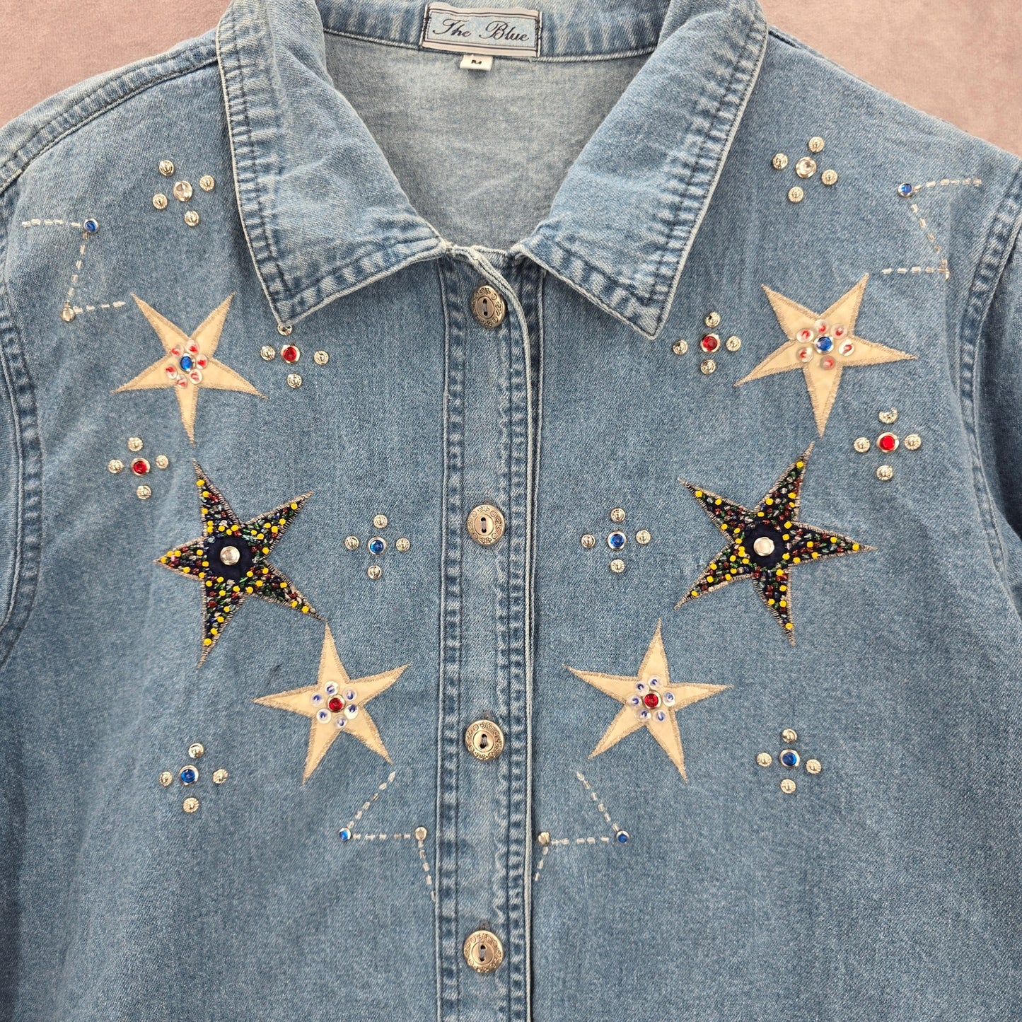 The Blue Stars Studded Rhinestone Button Up VTG Y2K Cotton Shirt Top Medium M