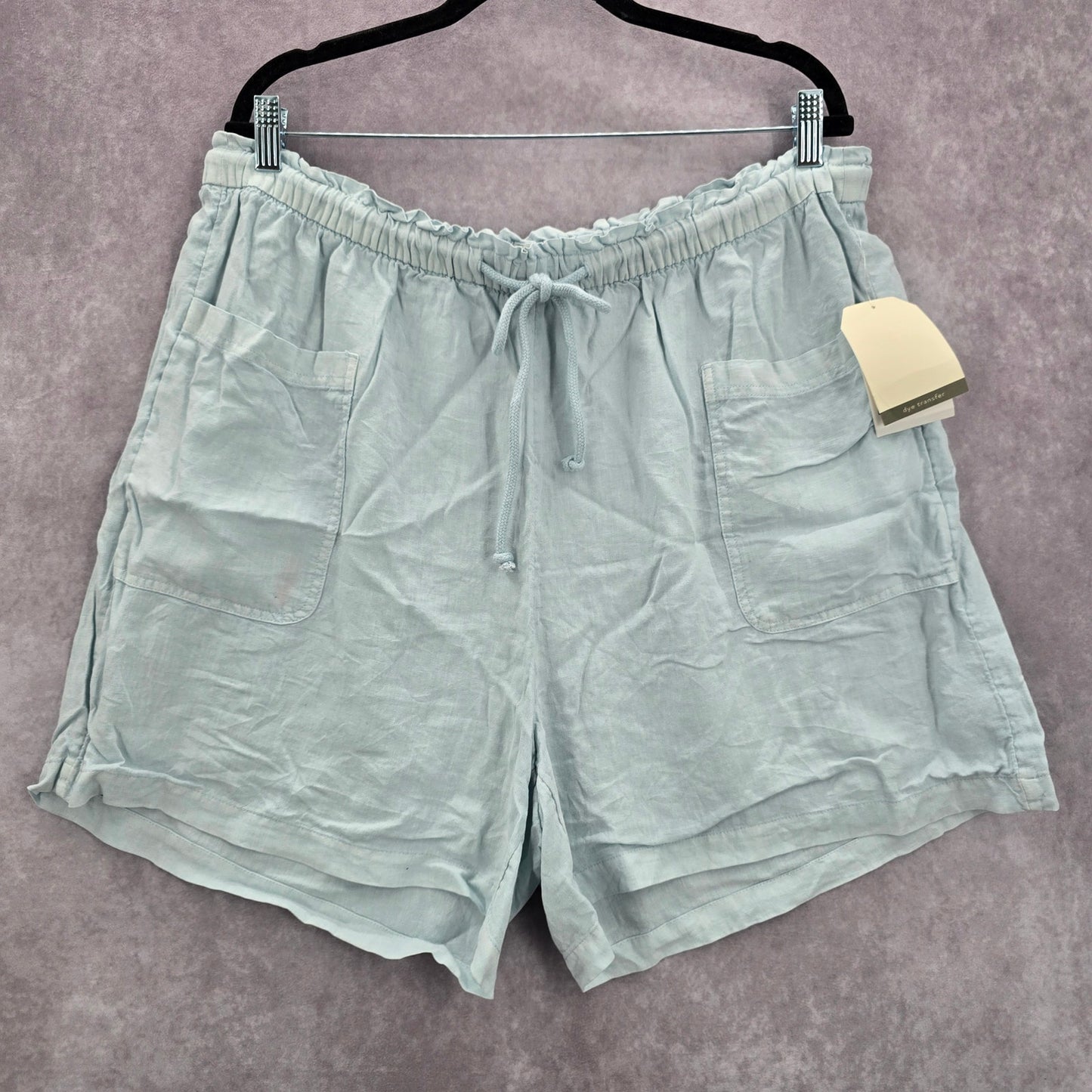 Wonderly Blue Pullon Ruffle Linen Relaxed Pants Shorts Plus 2X