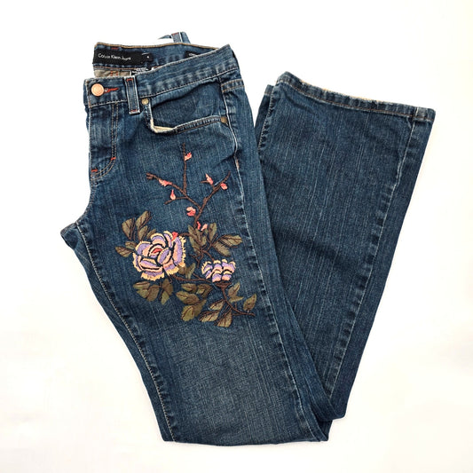 Calvin Klein Blue Floral Low Rise Flare Denim Jeans Pants Bottom S Small 4
