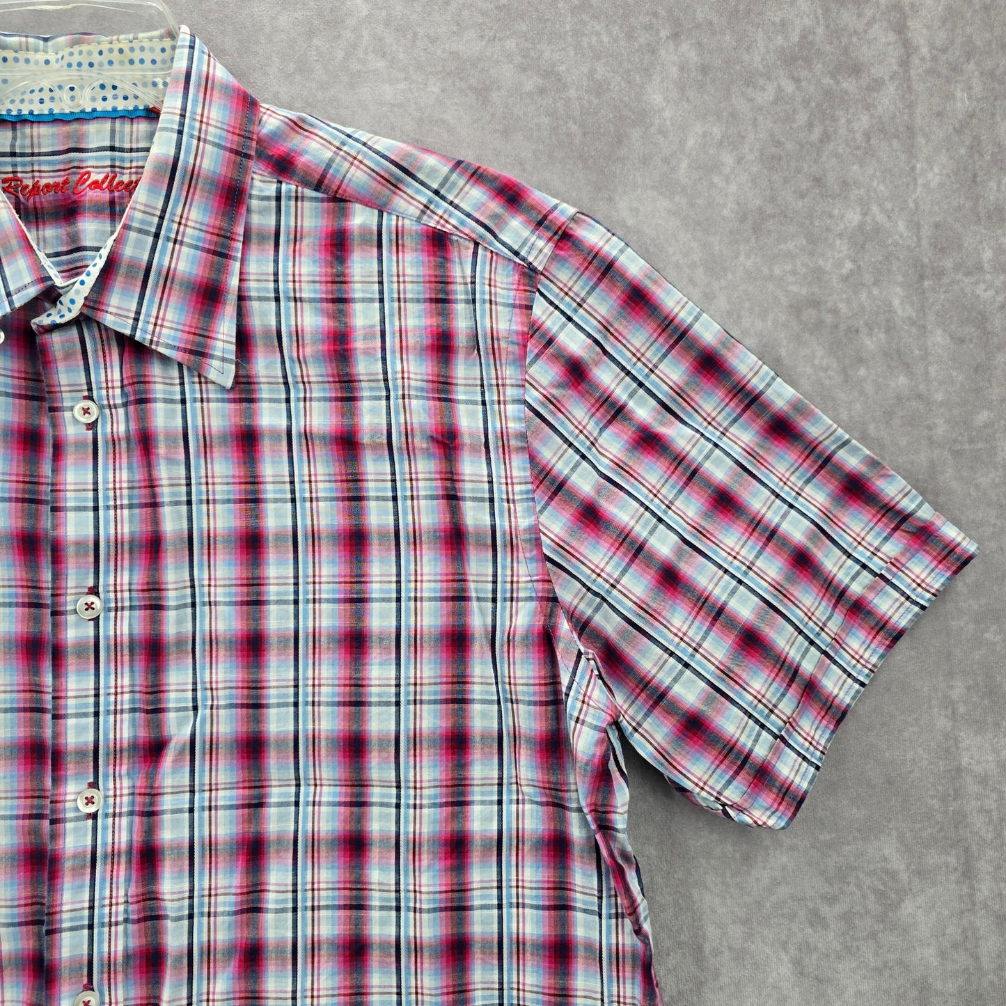 Report Collection Red Plaid Stripe Button Down Short Sleeve Work Casual Shirt XL