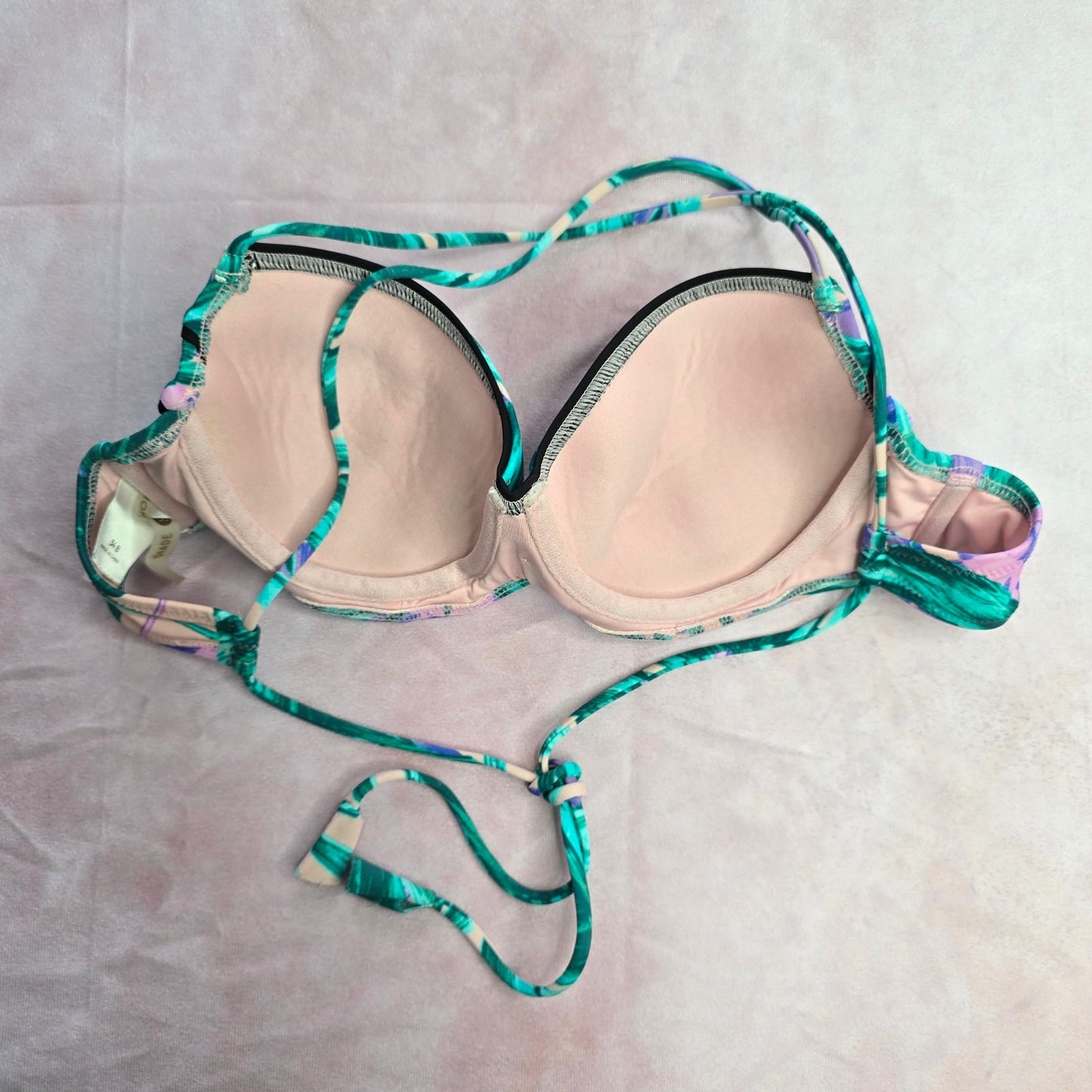 Shade & Shore Green Tropical Padded Wired String Tie Bikini Top Swimwear 34B