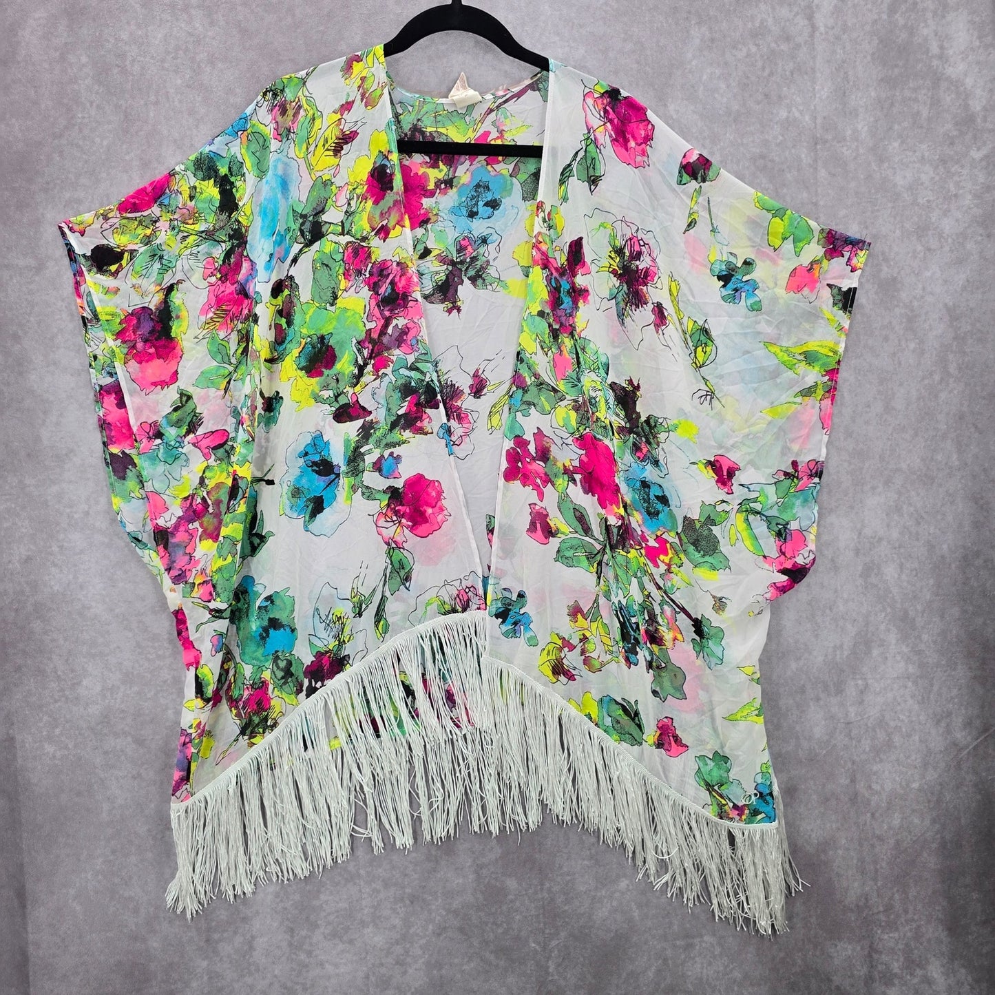 OP White Floral Fringe Boho Beach Swim Cover Up Duster Kimono XL Extra Large