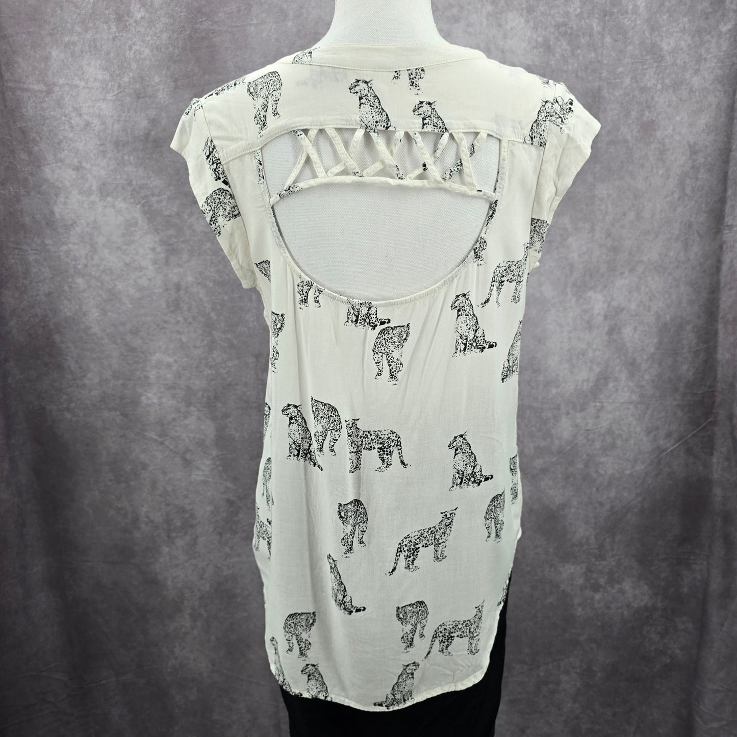 Studio Y White Black Leopard Print Cutout Crisscross Button Up Top Medium