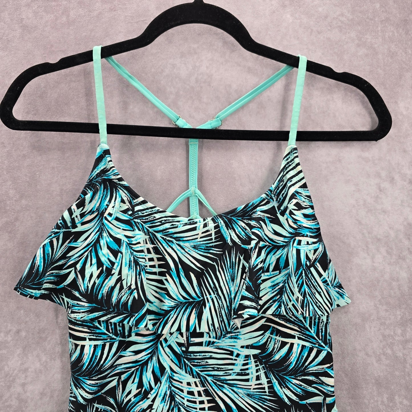 Blue Floral Tropical Ruffle Padded Straps Racerback Swimwear Tankini Top S Small