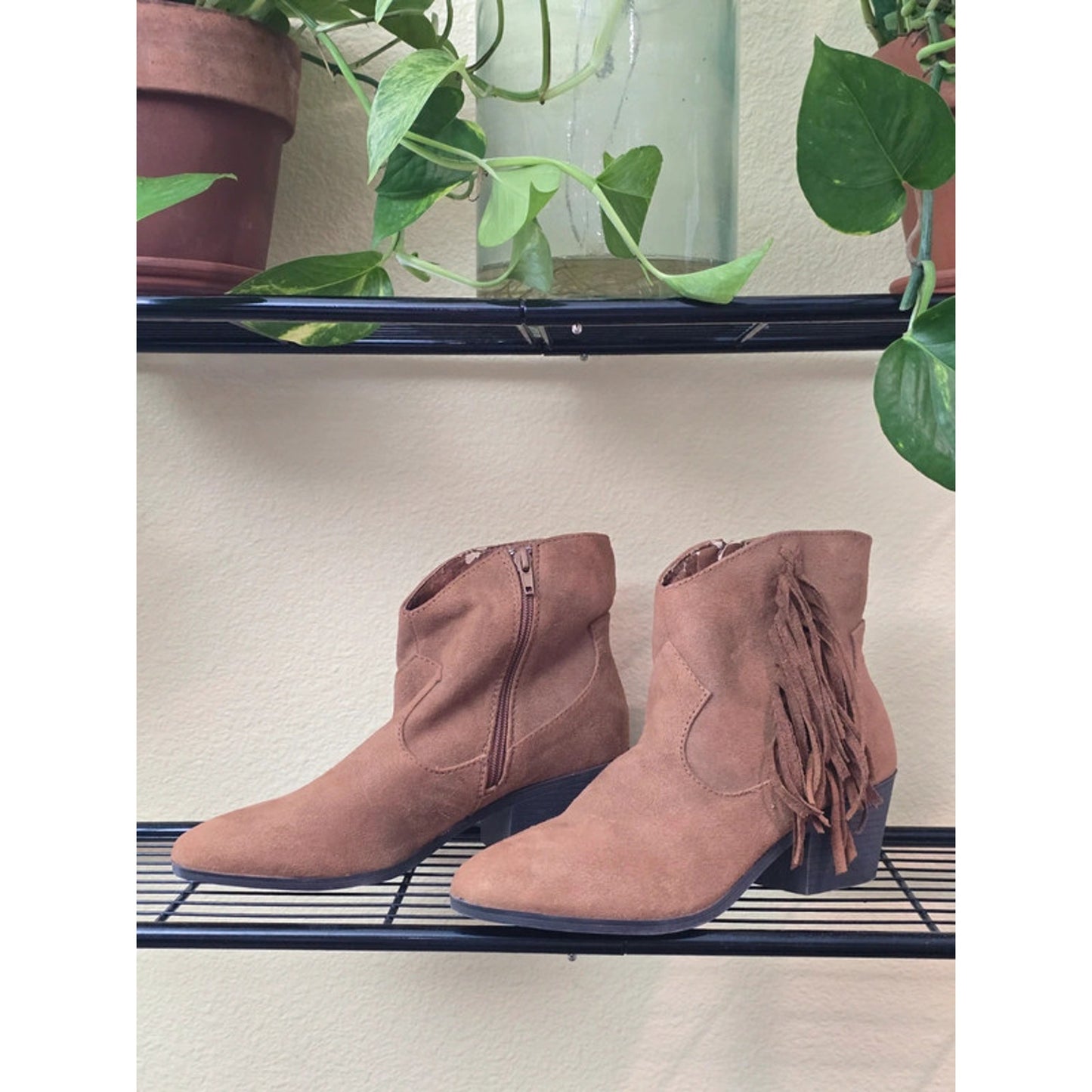 True Craft Brown Suede Fringe Zipper Ankle Boots Size 8.5