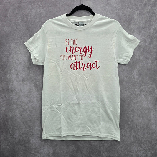 Be The Energy You Want To Attract White Boho Handmade Red Cotton Tshirt Small