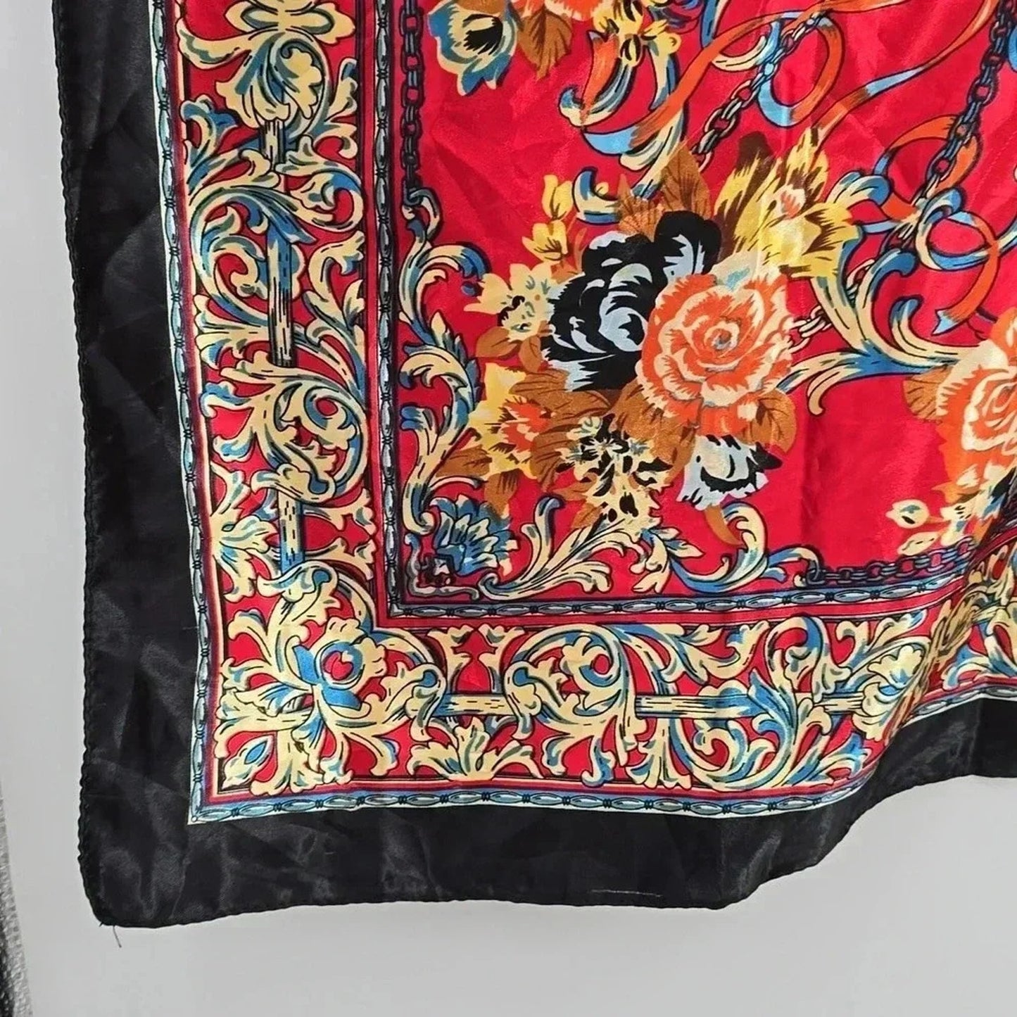 Zara Red Black Gold Floral Satin Silk Paisley Leaf Scroll Patterned Square Scarf