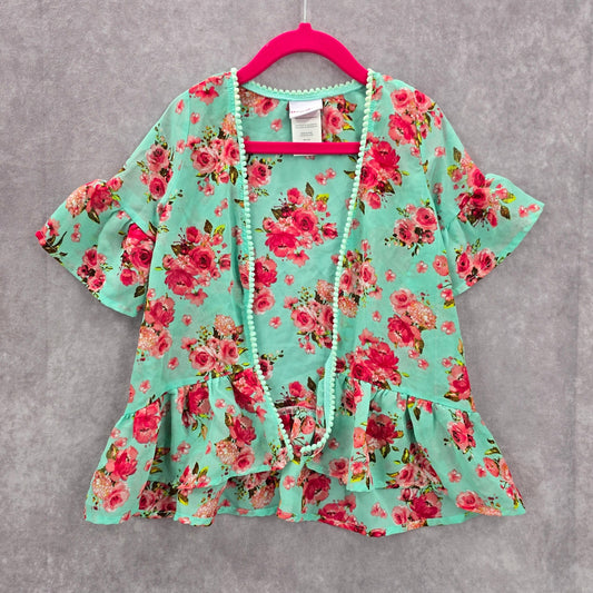 Nannette Green Floral Ruffle Short Sleeve Lace Sheer Cover Up 3T