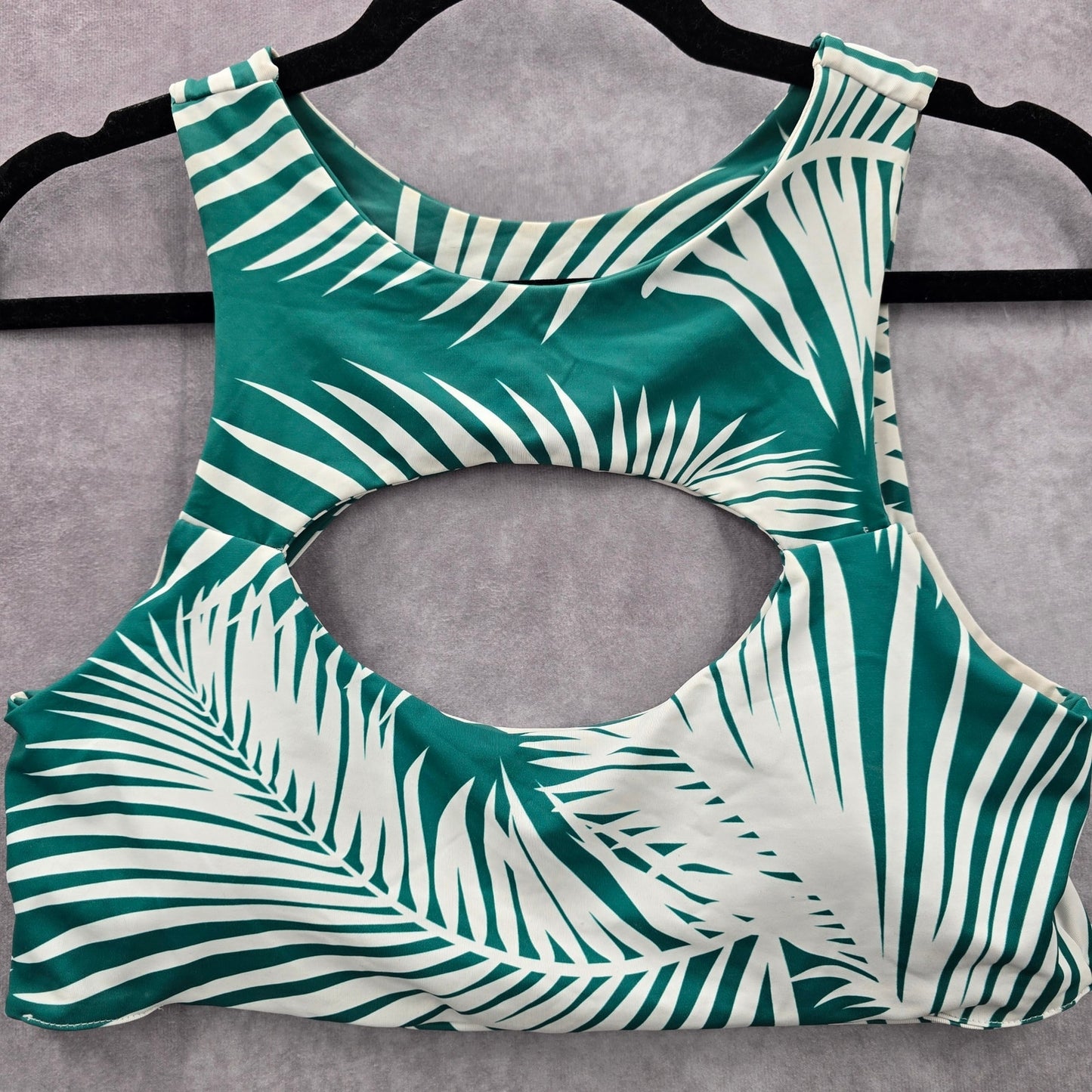 Green White Tropical Leaf Cutout Padded Bikini Top Swimwear Medium