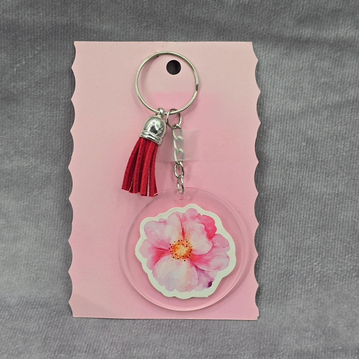 Letter Keychain Clear Silver Circle Handmade Acrylic Tassel Flower I Red