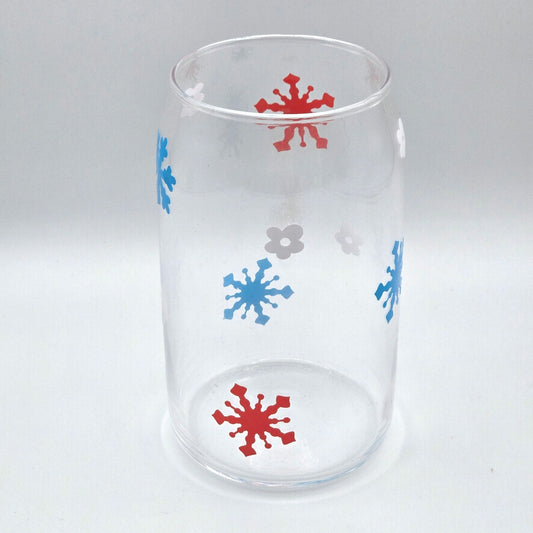 Snowflake Flower Red White Blue 16oz Beer Can Glass Cup NWT