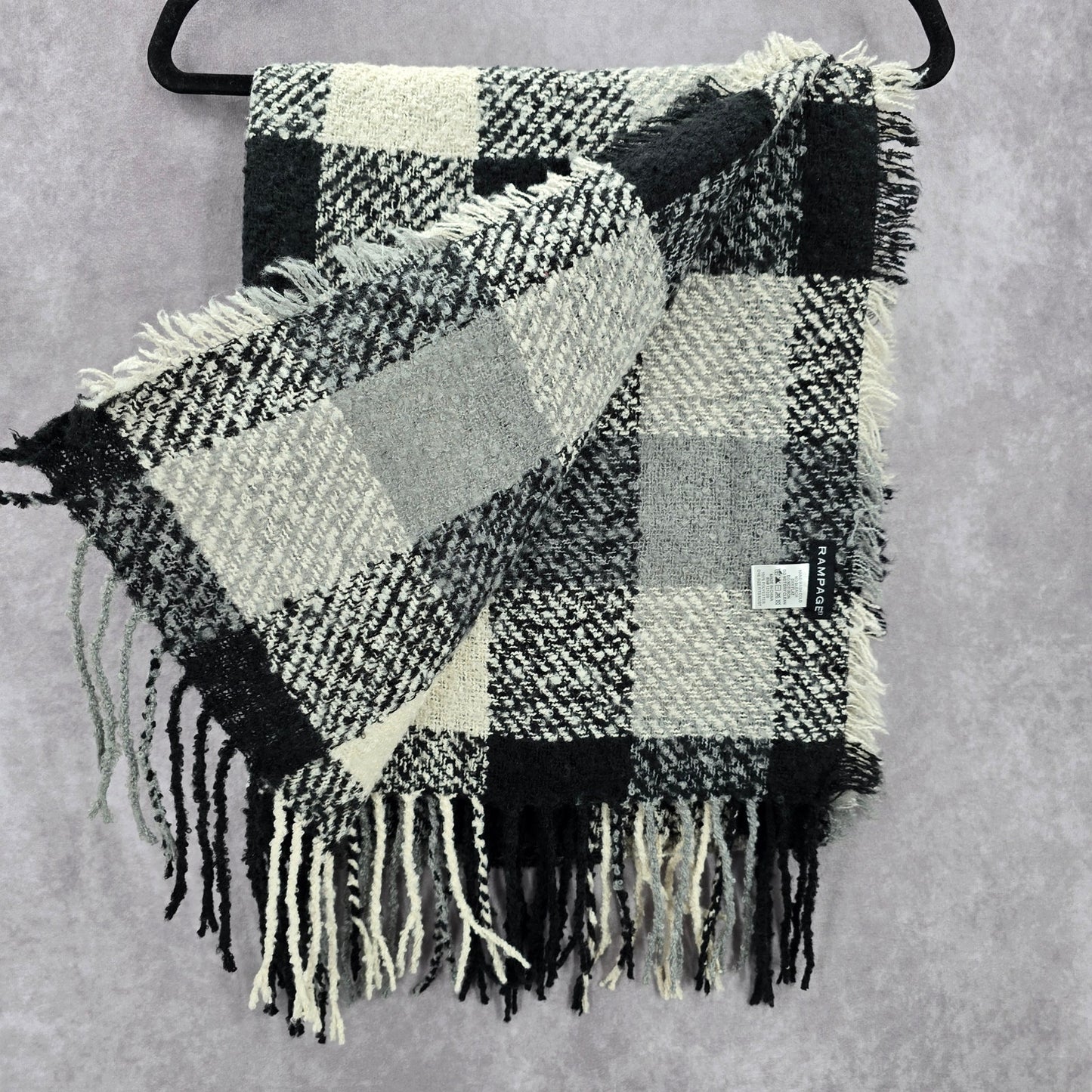 Rampage Black White Plaid Tartan Fringe Tassel Knit Wrap Shawl Scarves Scarf