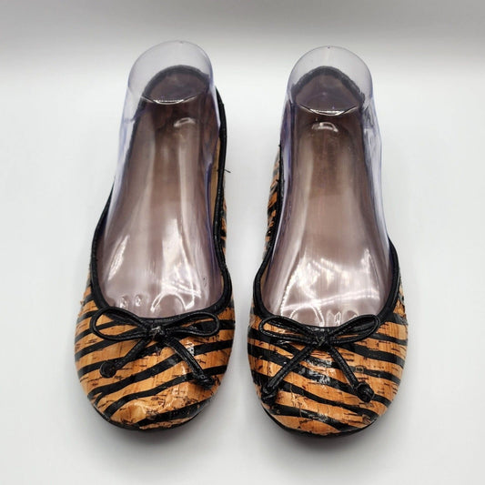 Kenneth Cole Reactions Ballet Flat Bow Brown Black Stripes Womens Size 7.5