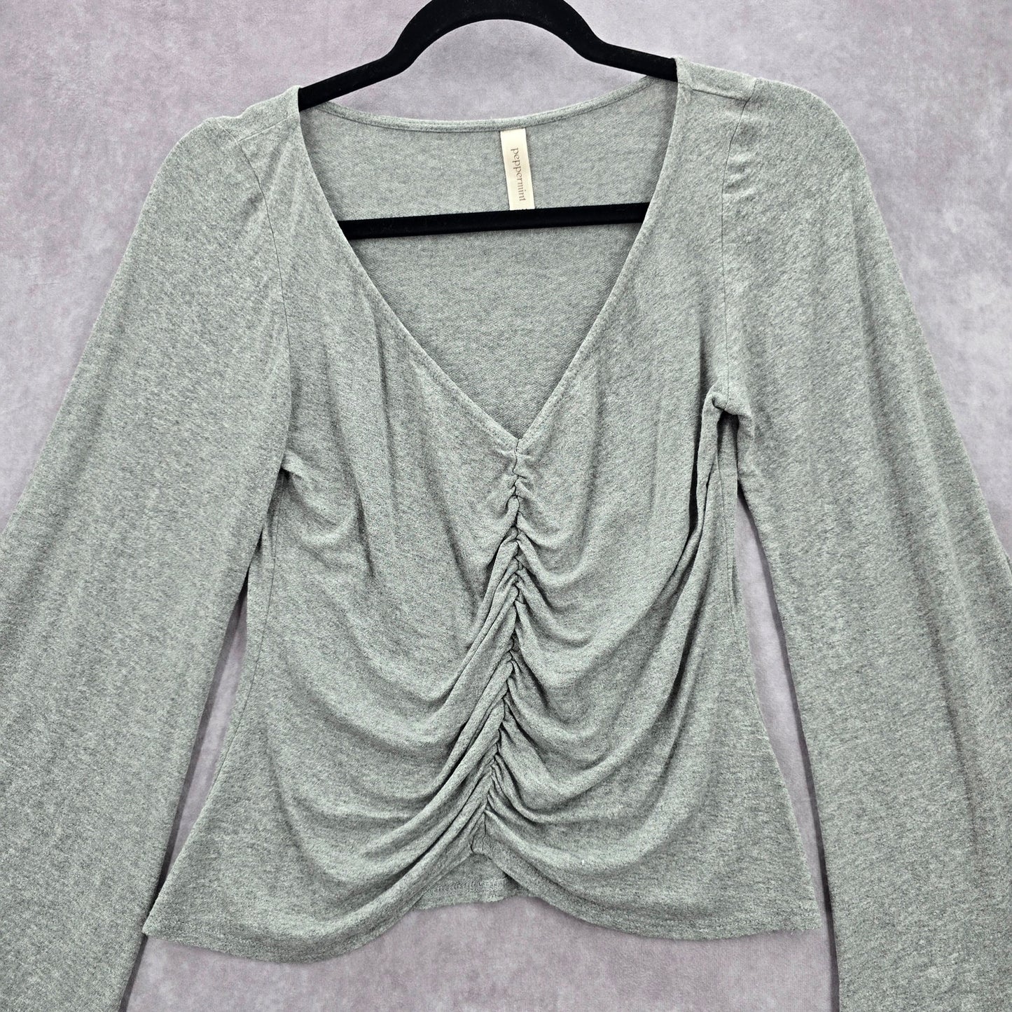 Peppermint Gray Ruched Flare Wide Long Sleeve Y2K Cropped Top Small