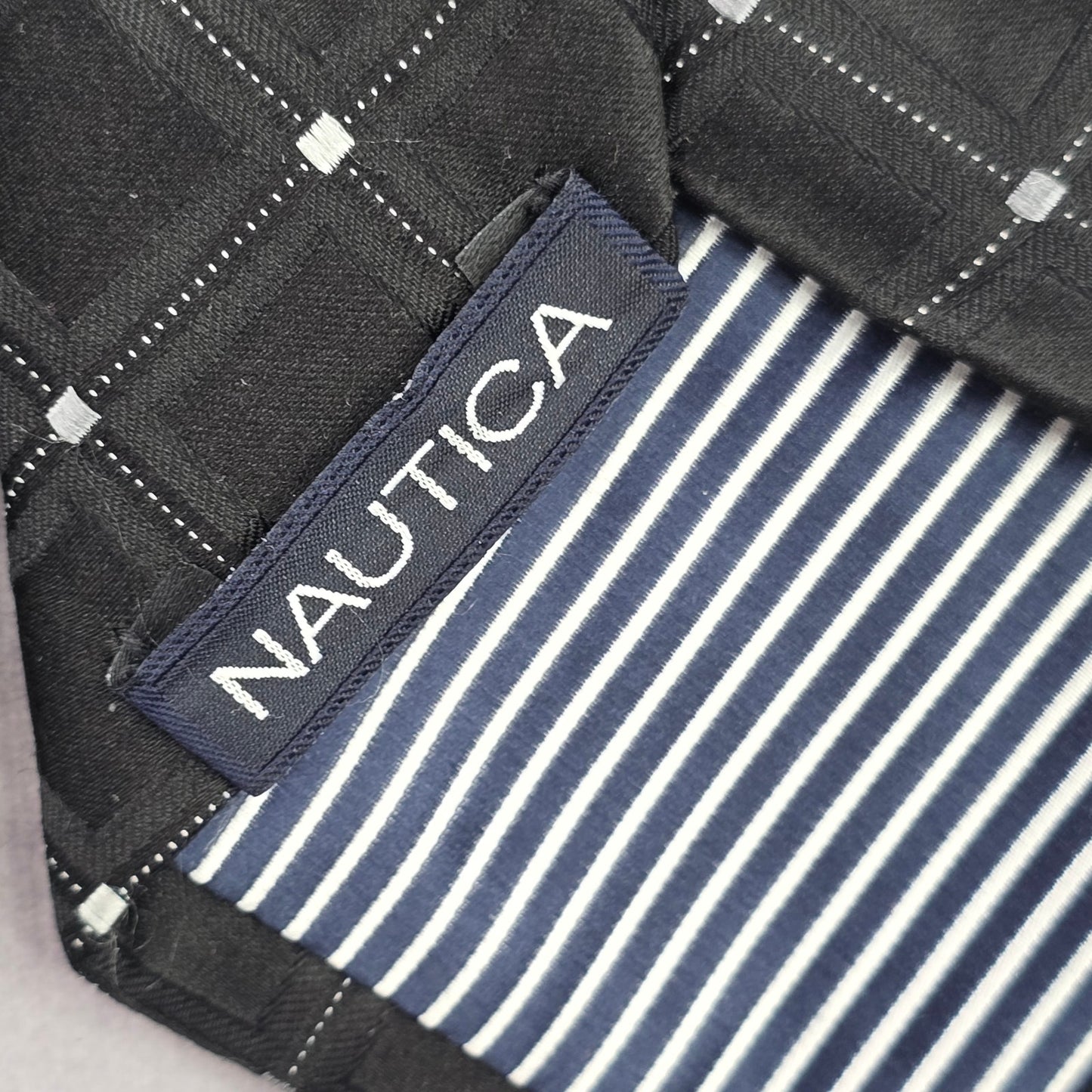 Nautica Black Silver Gray Stripe Geometric Diamond 100% Silk Mens Neck Tie NWOT