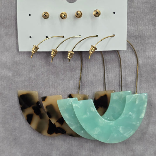 Green Brown Dangle Hoop Resin Stud Set Boho Retro Earring Fashion Jewelry