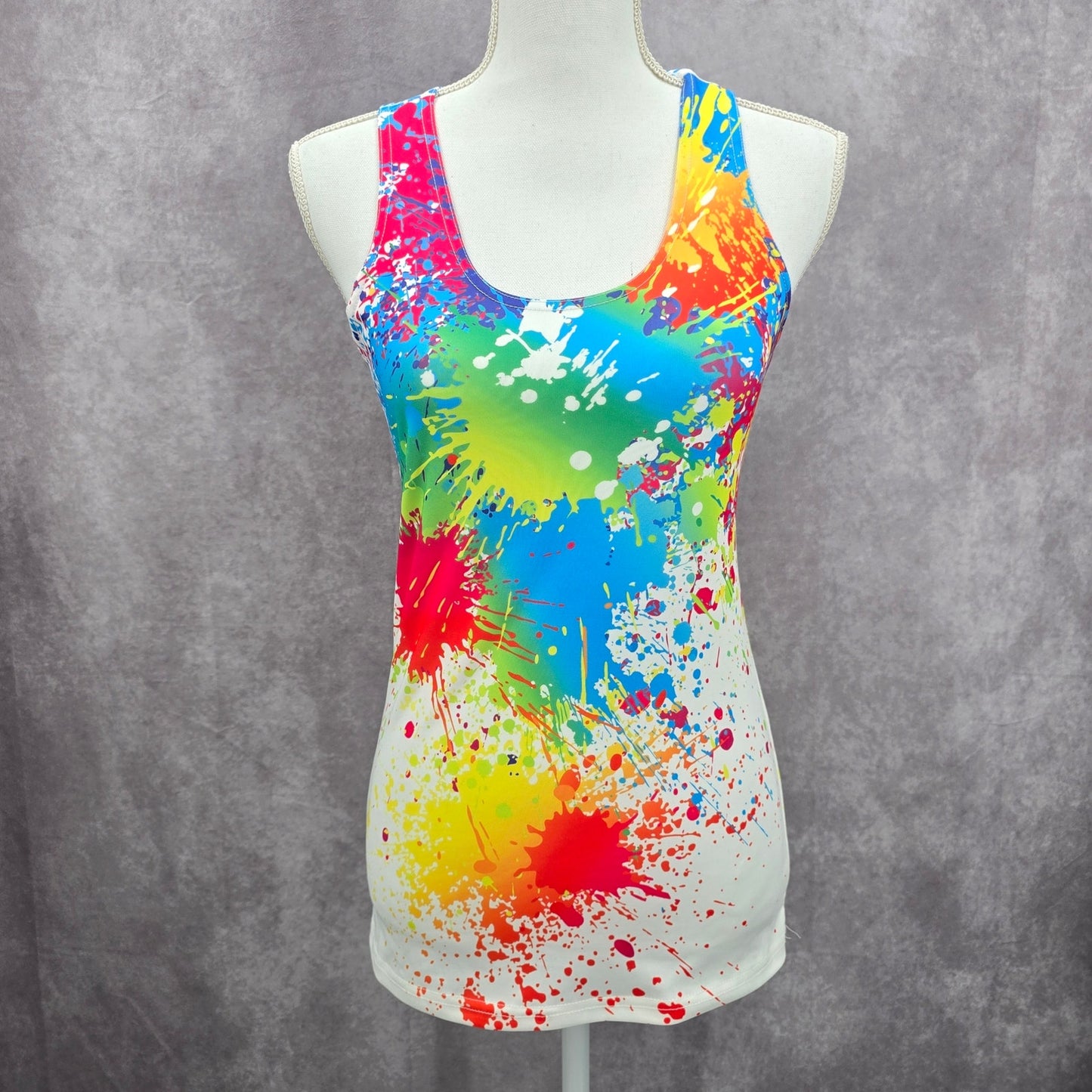 White Racerback Color Blast Activewear Retro Funk Paint Splash Tank Top Small