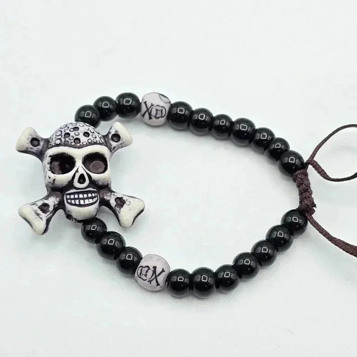 Skull Black Bead Braided Rope Bracelet Adjustable Goth Halloween B5
