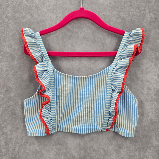 Cat & Jack Blue White Stripe Ruffle Ribbons Sleeveless Bikini Top Girls M 7/8