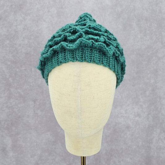 Green Ruffle Christmas Tree Funky Vintage Y2K Crochet Knit Beanie Beret Hat