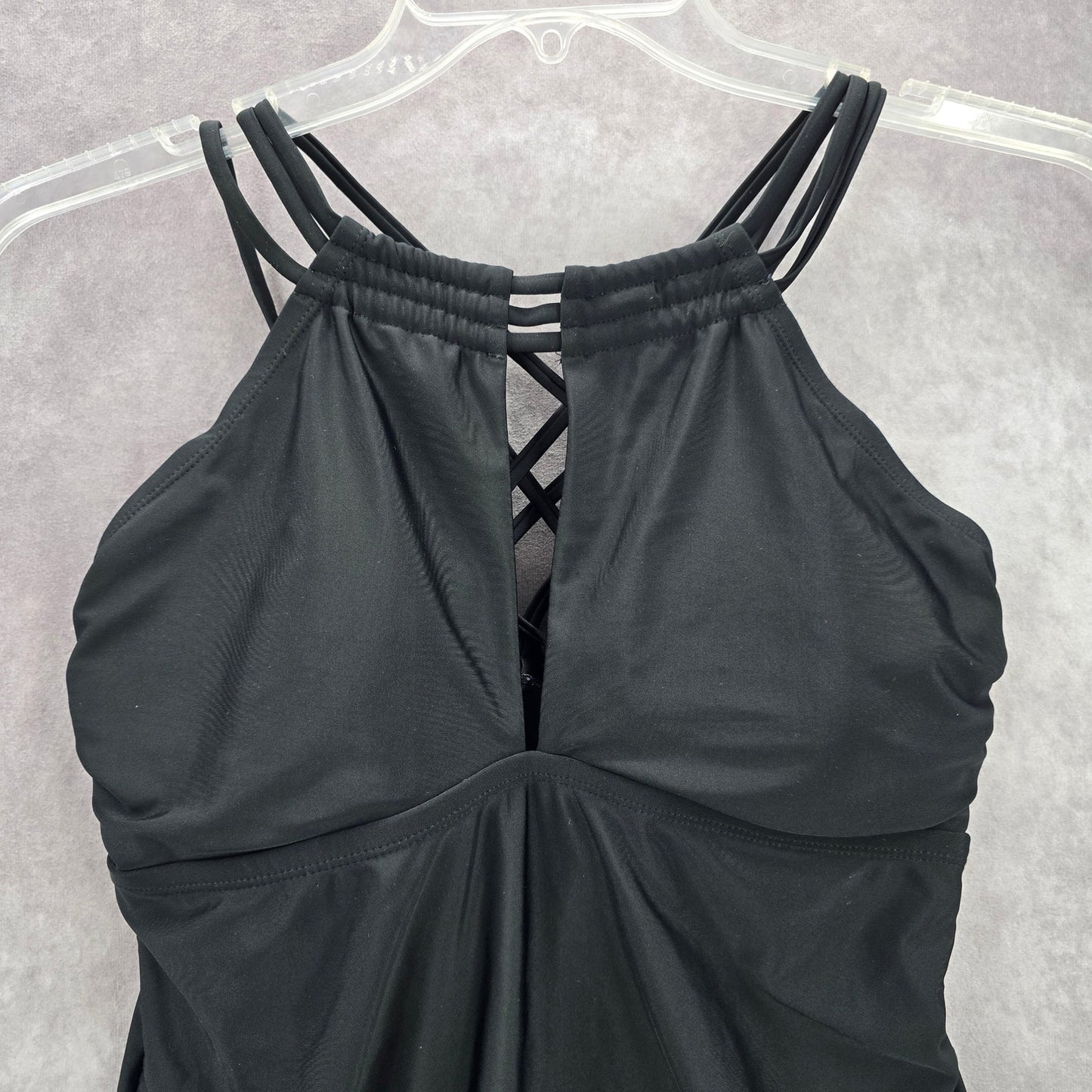 Black Crisscross Halter Stretch Padded Swim Tankini Top L Large