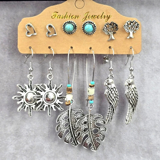 Silver Leaf Bird Sun Boho Hoop Bird Dangle Stud Earrings Fashion Jewelry JB2-74