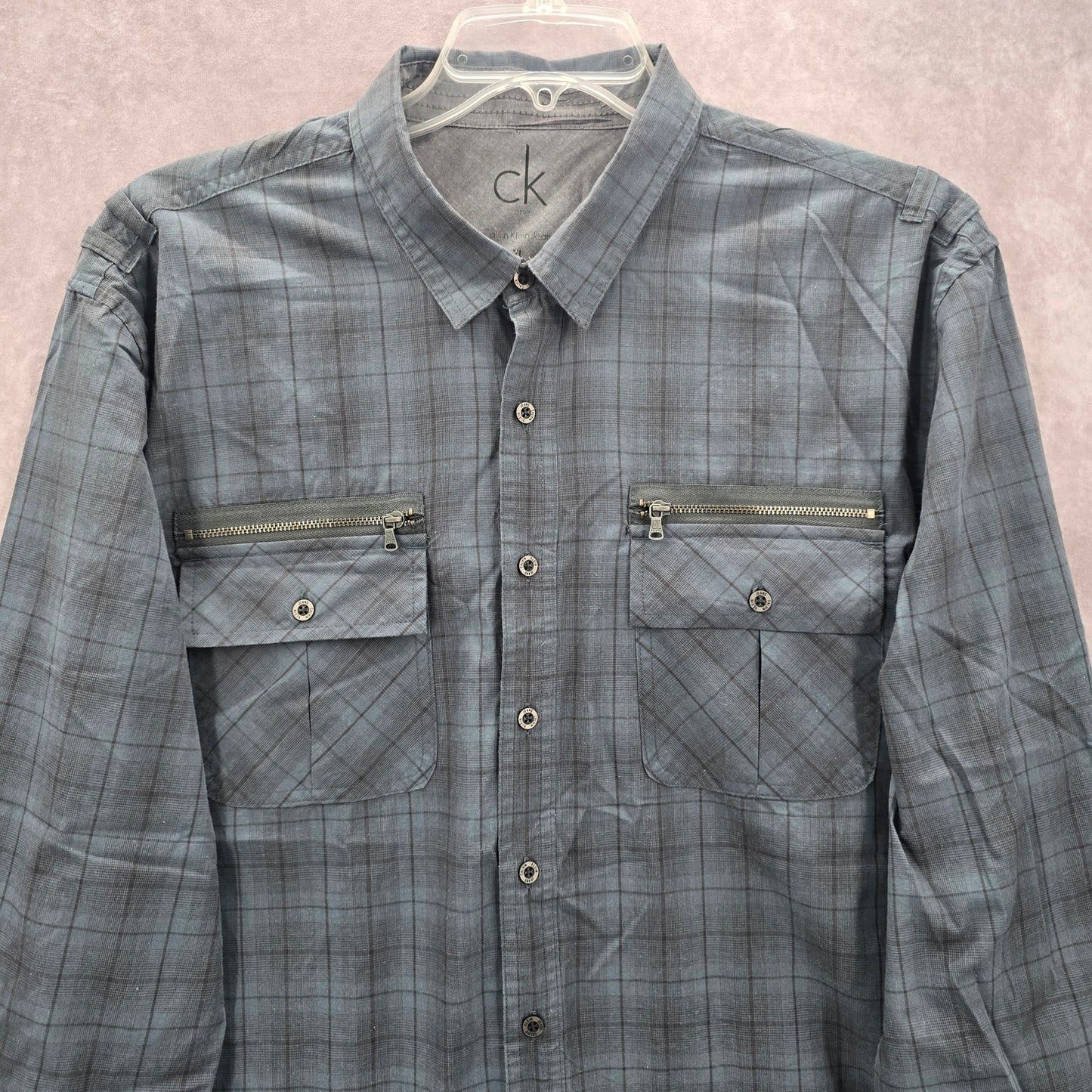 Calvin Klein One Jeans Blue Plaid Button Down Long Sleeve Work Casual Shirt XL