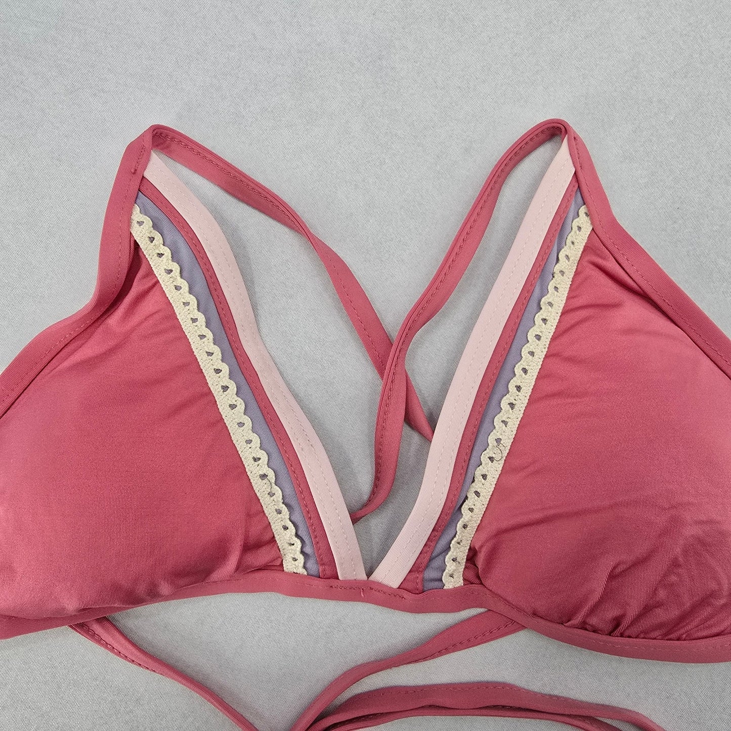 Soluna Pink Lace Tie Padded Boho Beach Bikini Bralette Swim Top S Small