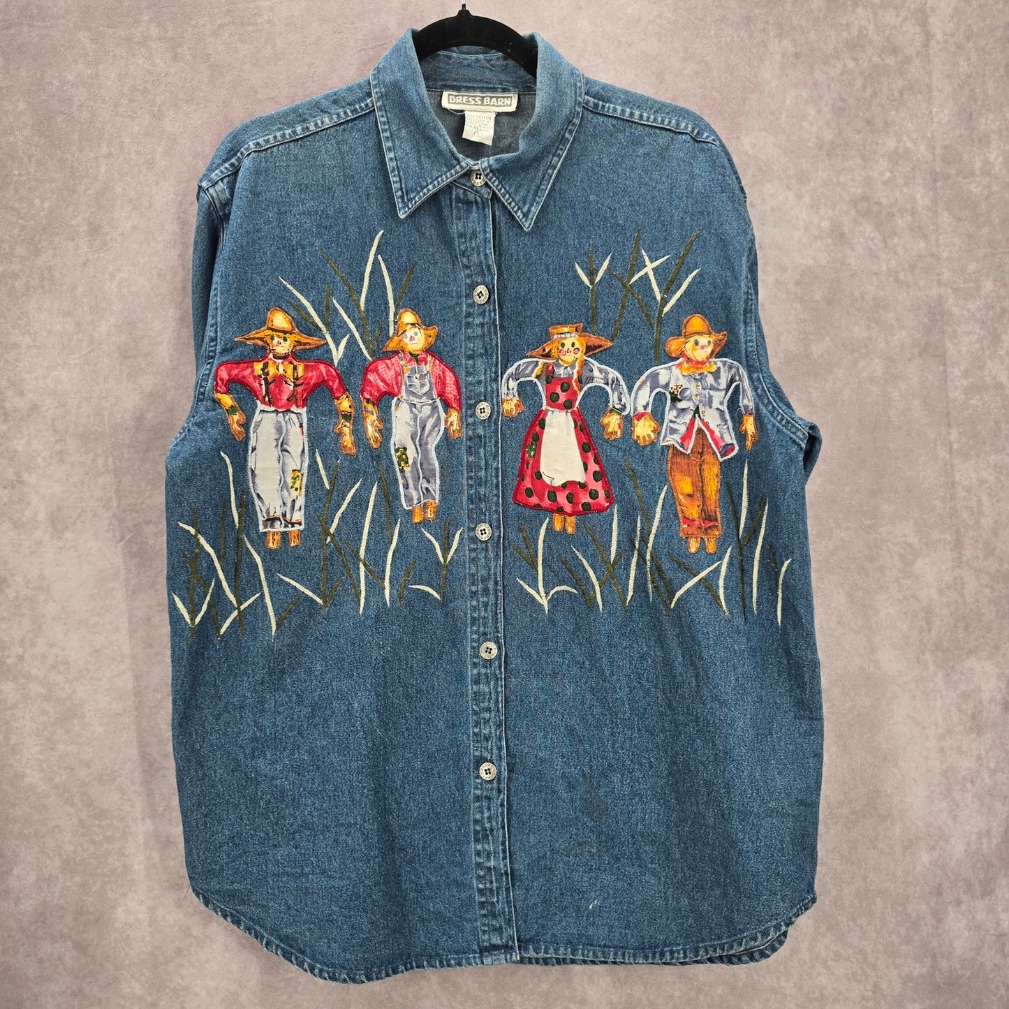 DressBarn Blue Embroidered Scarecrows VTG Button Y2K Cotton Denim Shirt L Large