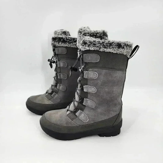 Thermolite EcoMade Gray Fur Lined Suede Mid Calf Winter Boots Girls Size 3
