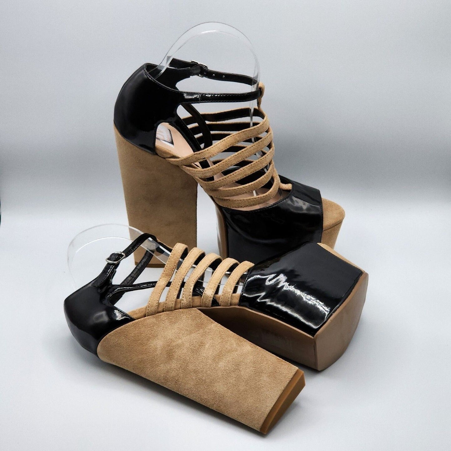 DV8 Dolce Vita Harleta Suede Nude Black Heels Open Toe Retro Strappy Shoes 7.5