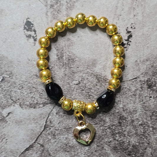 Gold Beaded Boho Style Elastic Bracelet Black Heart Charm Fashion Jewelry
