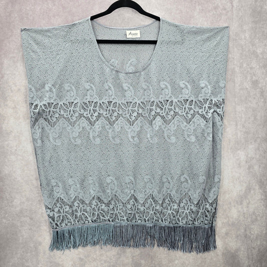 Arianna by Howards Gray Lace Fringe Boho Beach Swim Cover Up Duster Kimono XL