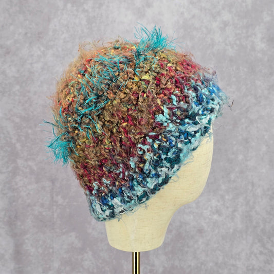 Blue Funky Vintage Y2K Bucket Beanie Skater Brown Fringe Knit Crochet Whimsy Hat