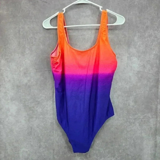 Basic Editions Orange Purple Swimsuit Swimwear One Piece Size 16