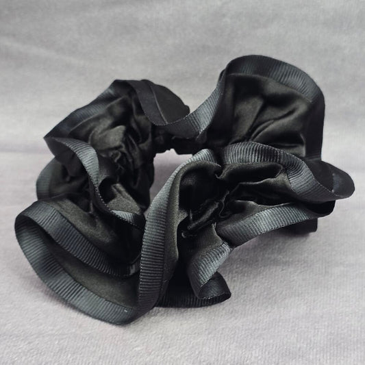 Black Ruffles Silk Satin Hair Tie Accessories Scrunchie Handmade SB24